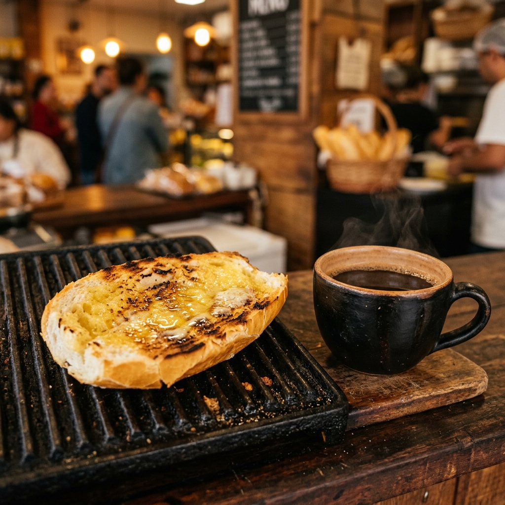 Pão quentinho na chapa e café fresco da Padaria Brasileira na Super Banca